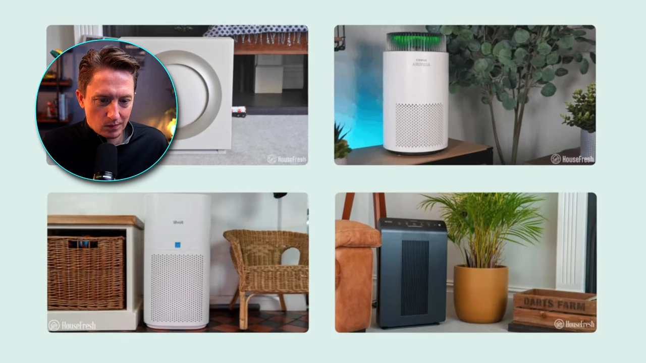 HouseFreshが実際にテストした空気清浄機の写真4枚。左上にCalebさんの丸いワイプ