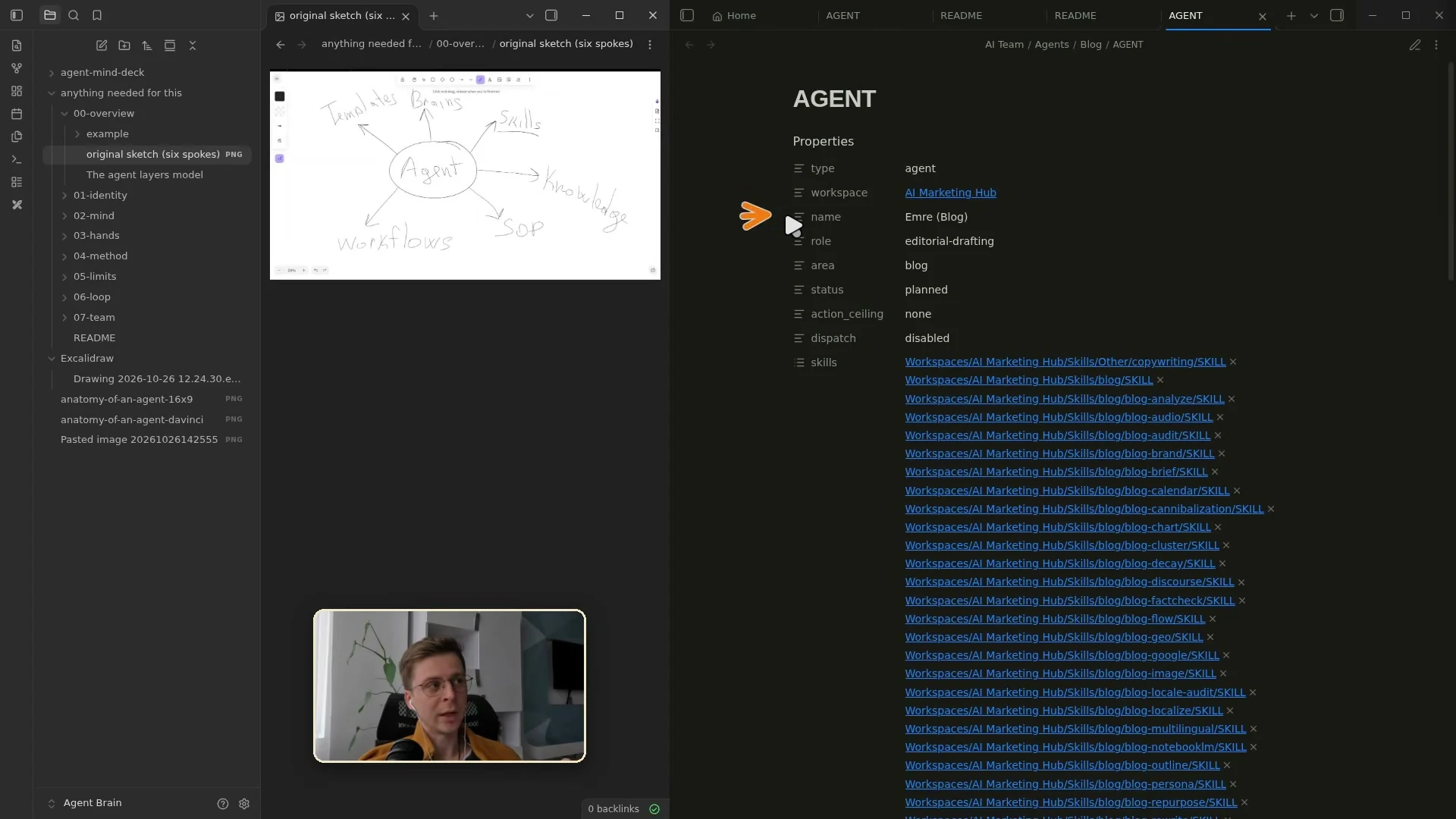 動画キャプチャ: Obsidian のエージェントのノート AGENT。名前は Emre (Blog)、action_ceiling は none、その下にスキルへのリンクがずらりと並ぶ場面