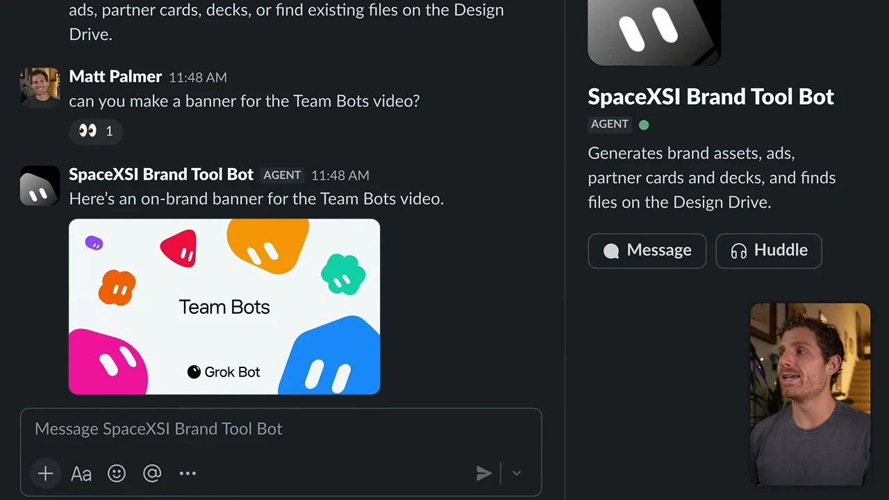 動画キャプチャ: Slack で Matt Palmer さんが Team Bots の動画のバナーを頼み、SpaceXSI Brand Tool Bot が答える場面（2:54頃）