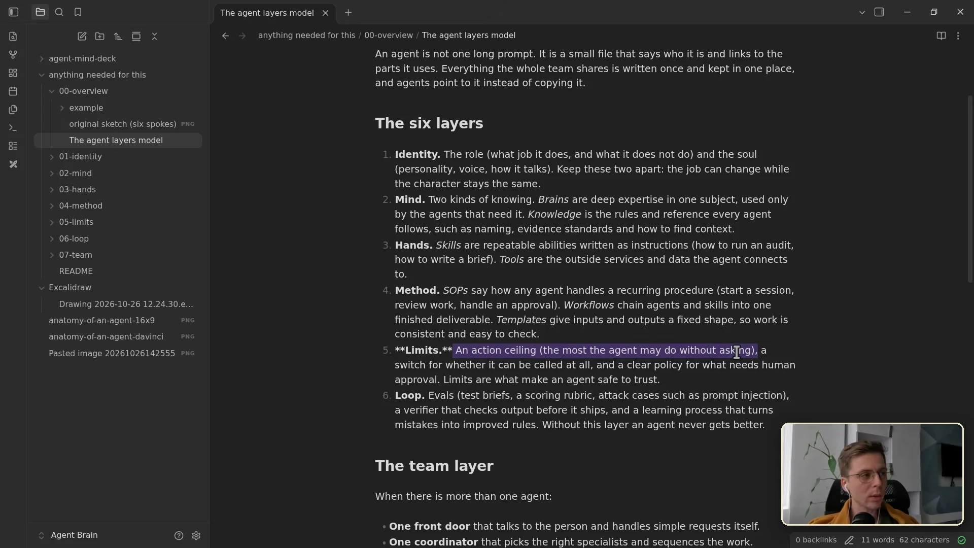 動画キャプチャ: Obsidian のノート The six layers で、Limits の行、An action ceiling が選ばれている場面