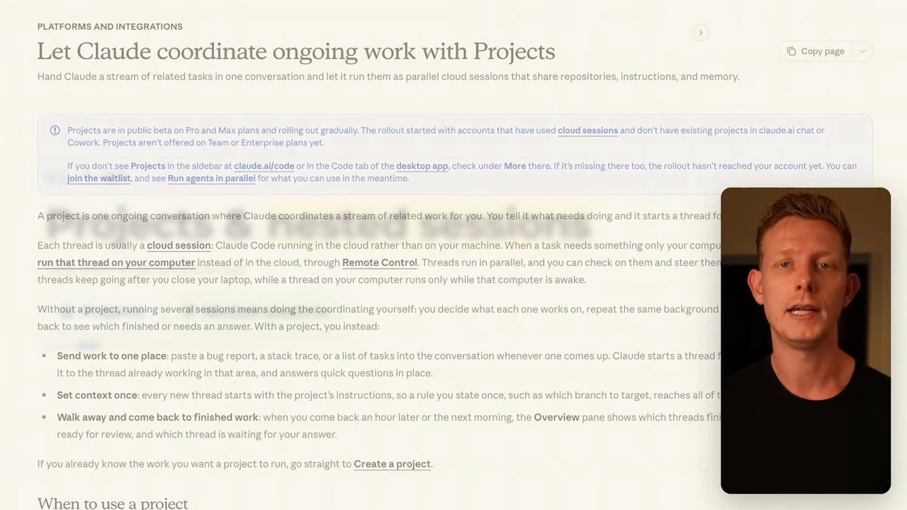Anthropicのヘルプ記事、Let Claude coordinate ongoing work with Projects の画面。右下に話し手の小窓