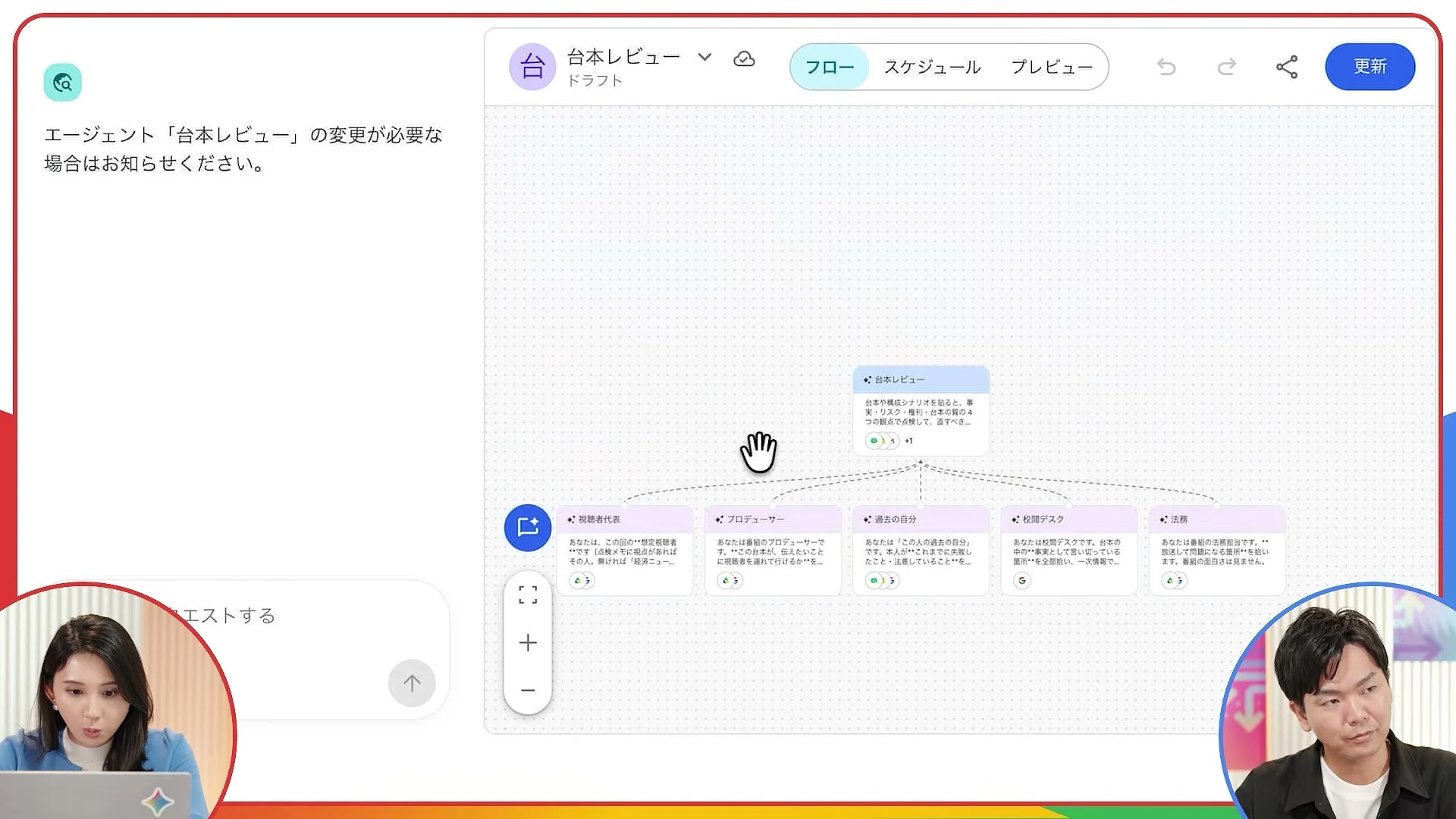 動画キャプチャ: Workflow Builder で台本レビューのフローが開き、ルートの下に子エージェントが横に並ぶ画面（30:40頃）