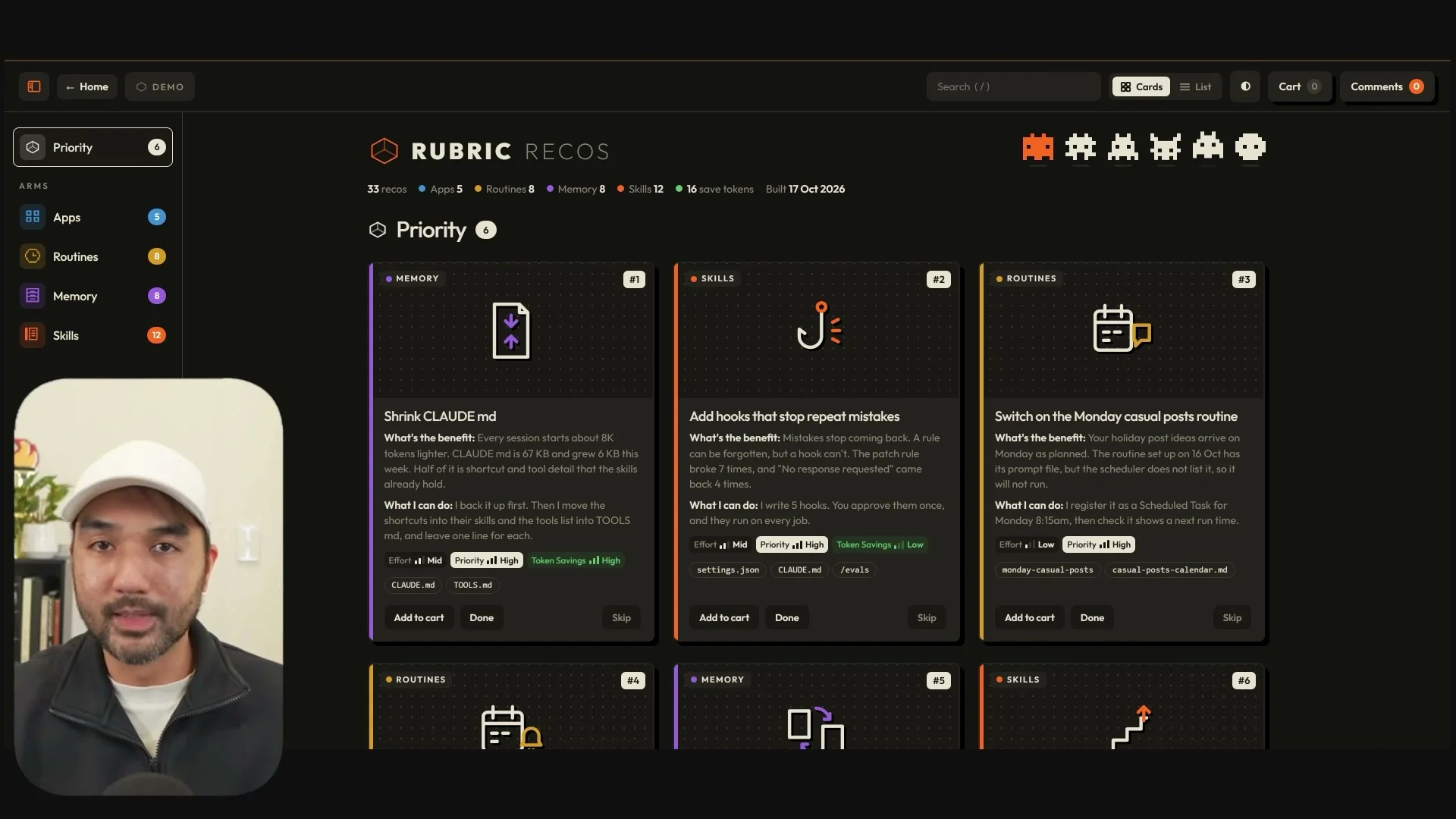 動画キャプチャ: RUBRIC Recos の画面。Memory、Skills、Routines の分類の札が三つ並び、左に Apps、Routines、Memory、Skills の一覧がある（31:00頃）