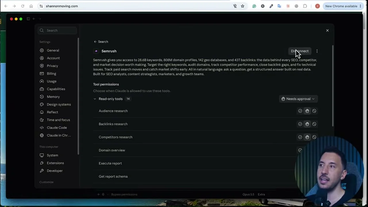 動画の画面。ClaudeのSemrushコネクタの設定で、読み取り専用ツール14個と承認が必要の選択が見える