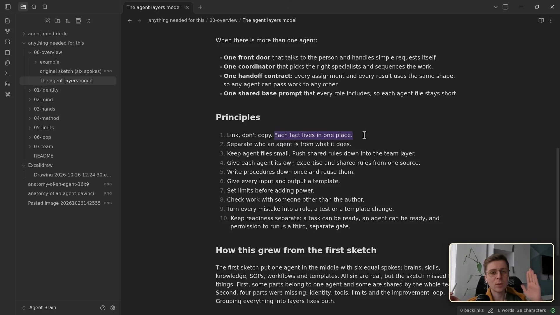 動画キャプチャ: Obsidian のノートで、Principles の最初の行、Link, don't copy. Each fact lives in one place. が選ばれている場面