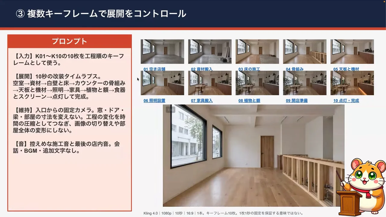 動画の画面。空き店舗から点灯・完成までのキーフレーム10枚と、そこから生成した店内の映像が並ぶ資料の場面