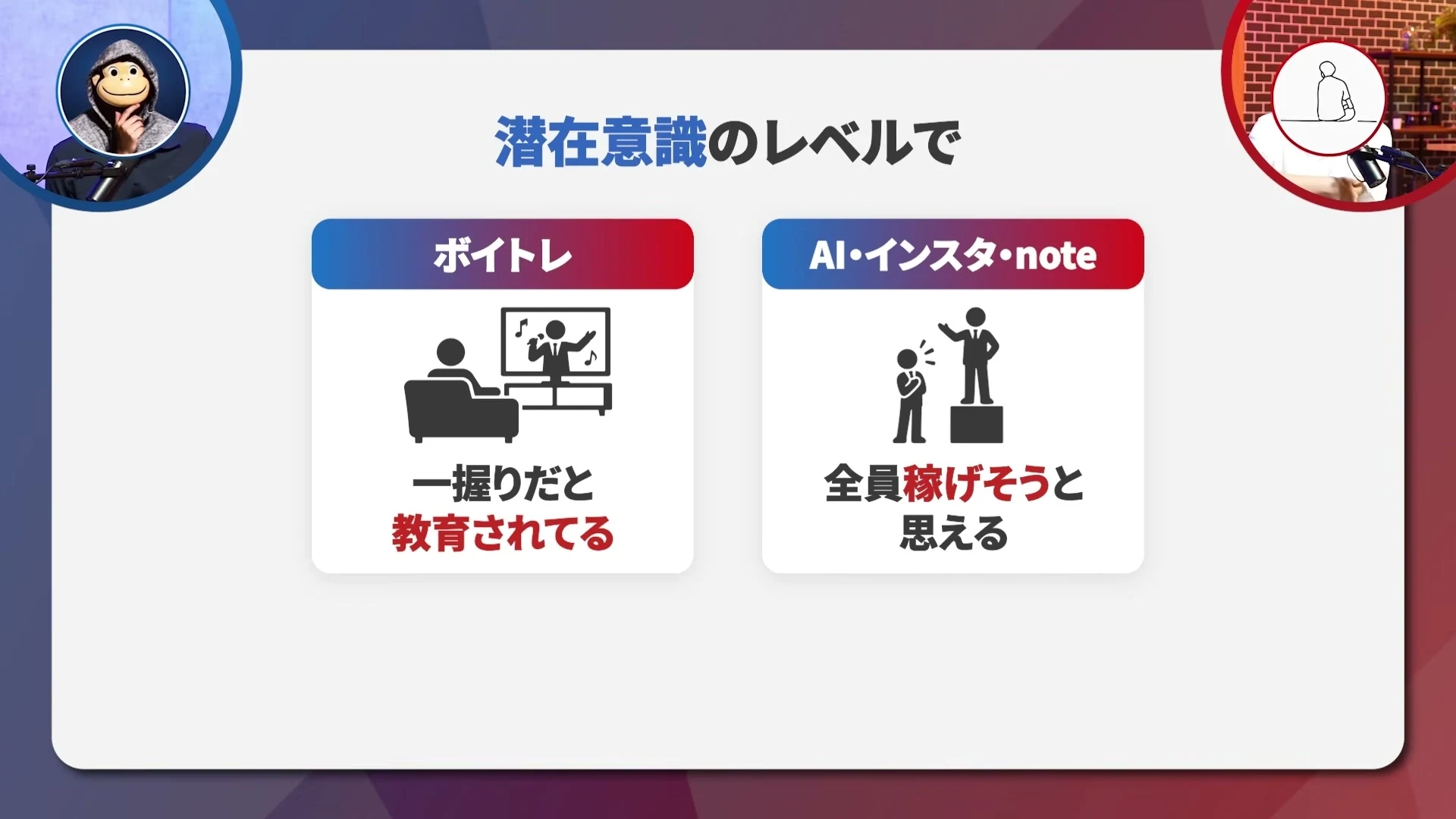 動画キャプチャ: 潜在意識のレベルで、ボイトレは一握りだと教育されてる、AI・インスタ・noteは全員稼げそうと思える、というスライド