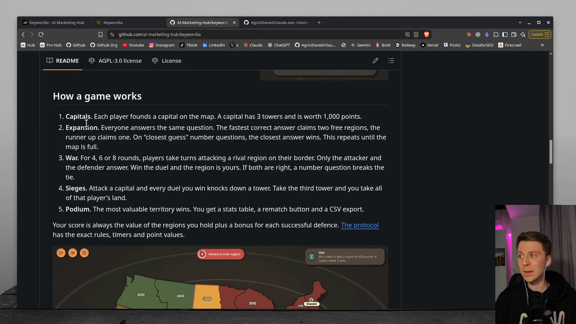 GitHub の説明ページ。ゲームの進み方が、首都、拡大、戦争、攻城、表彰台の5段で書かれている