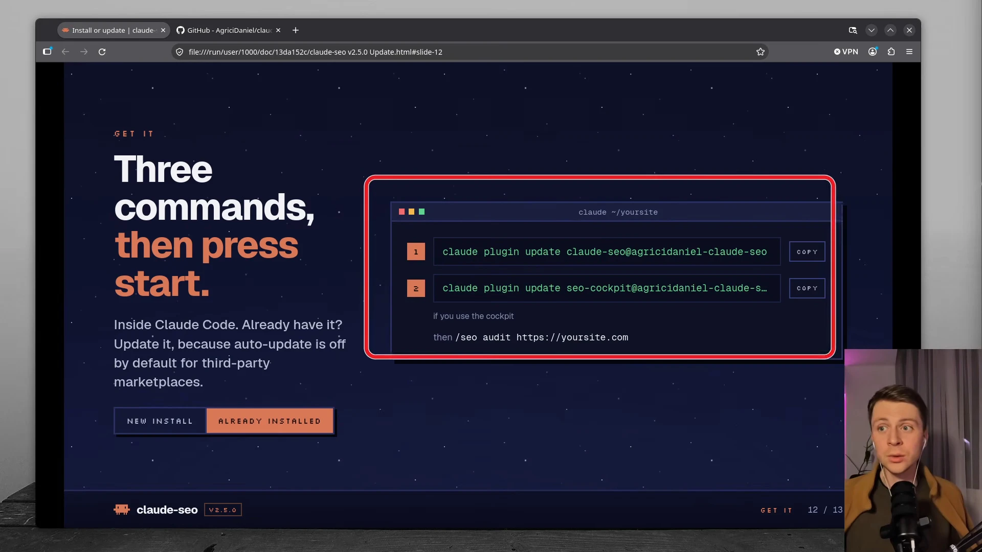 動画の画面。Three commands, then press start の見出しに、更新のコマンドが赤枠で示されたスライド。画面の右下に話し手のDanielさんが映っている