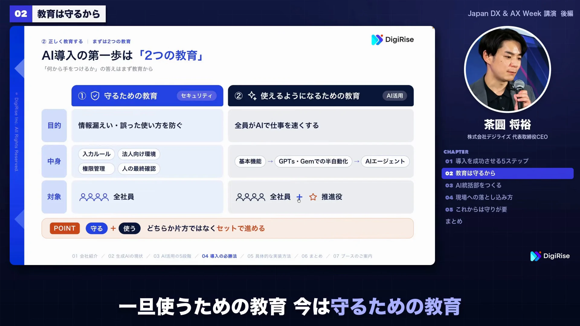 二つの教育のスライド。守るための教育と、使えるようになるための教育が並ぶ動画の場面
