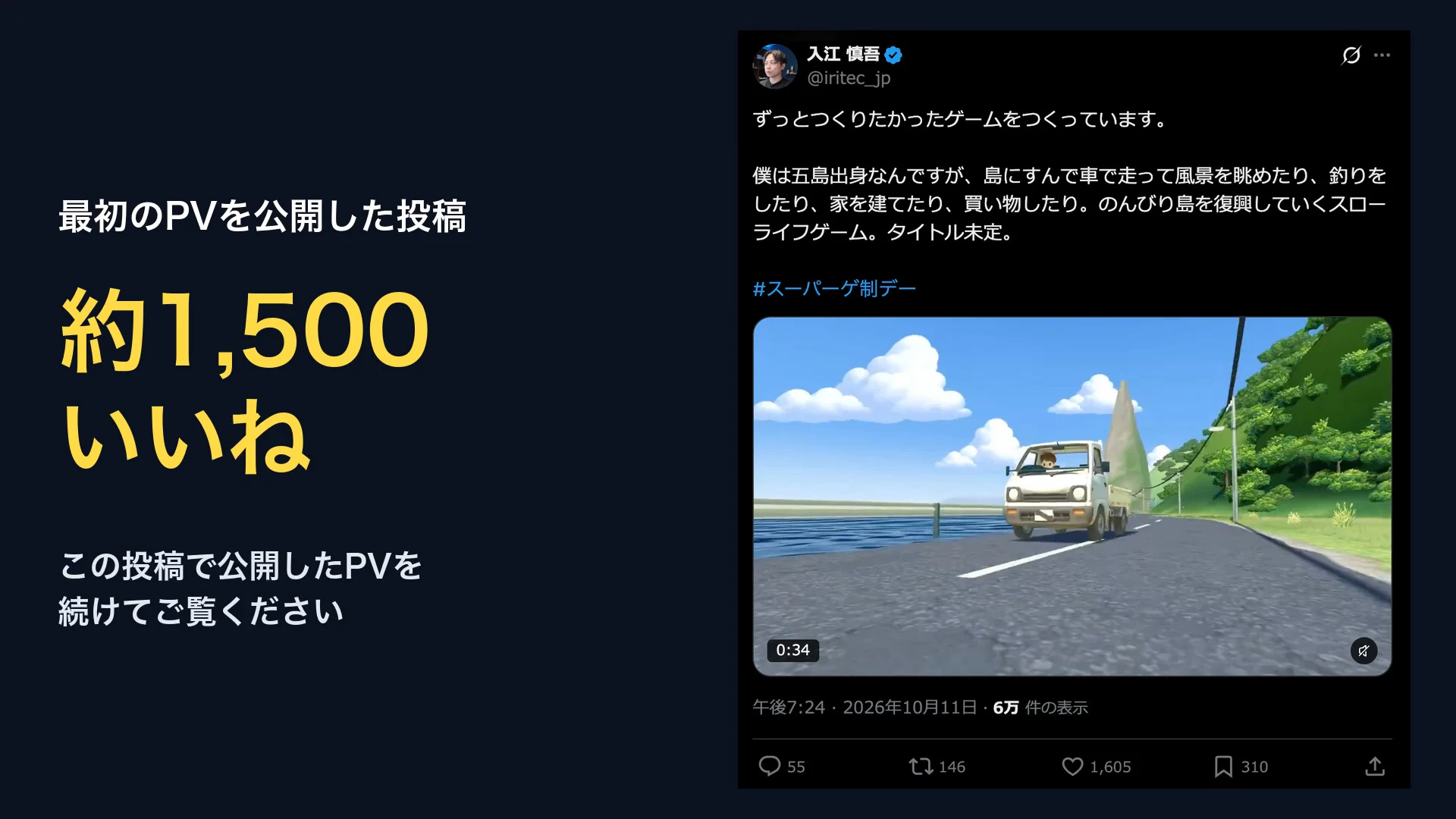 動画のスライド。最初のPVを公開した投稿、約1,500いいねの文字と、入江慎吾さんのXの投稿画面。海沿いの道を白い軽トラックが走るPVの1コマと、いいね1,605の表示が映る