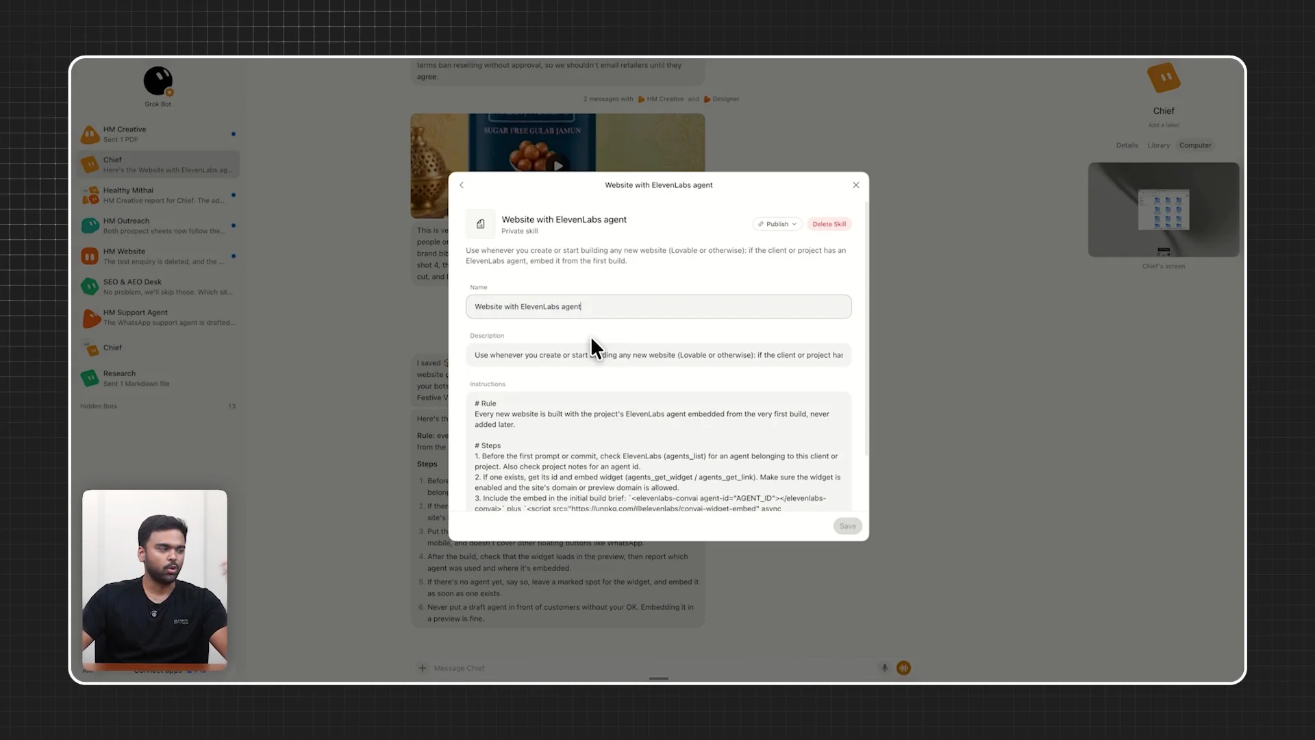 動画の画面。会話エージェントを新しいサイトに入れる手順を書いたスキルの設定ダイアログが開いている