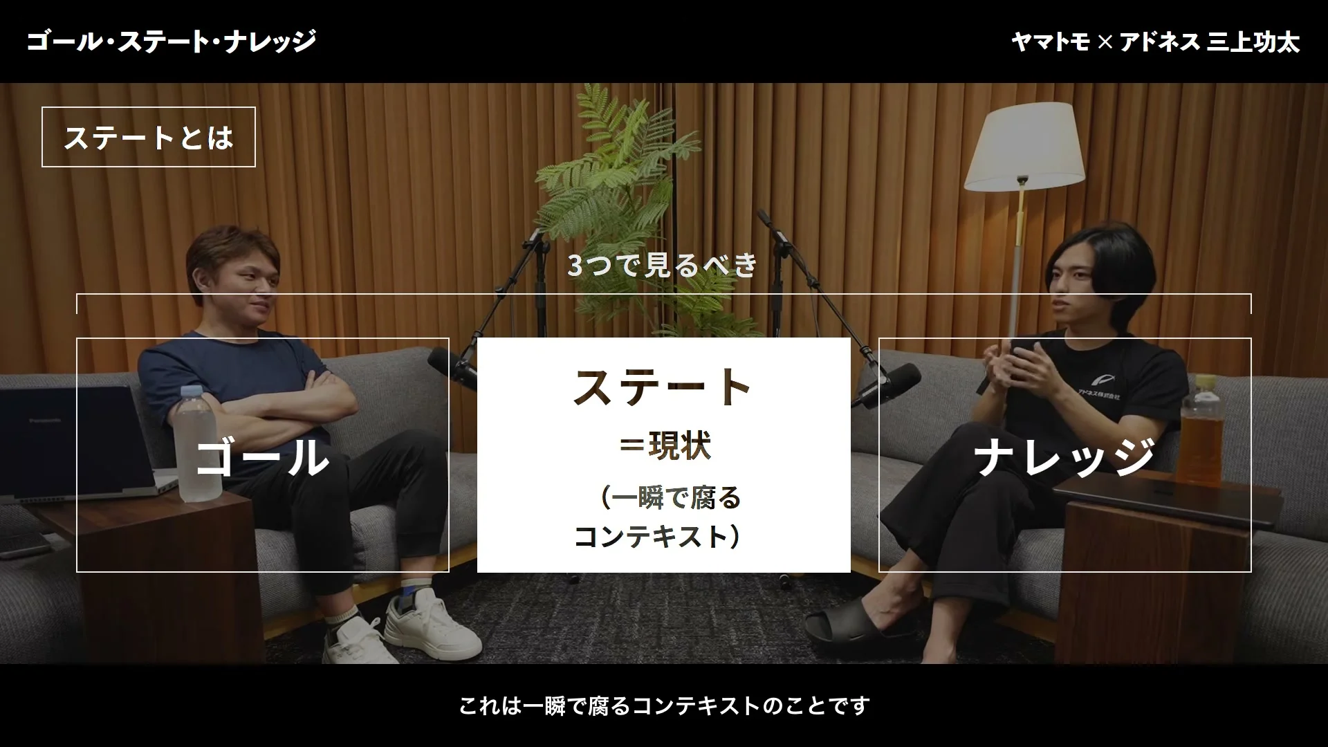 動画キャプチャ: ゴール、ステート（現状）、ナレッジの3つで見る、という画面。ステートは一瞬で腐るコンテキストと出る場面（40:45頃）