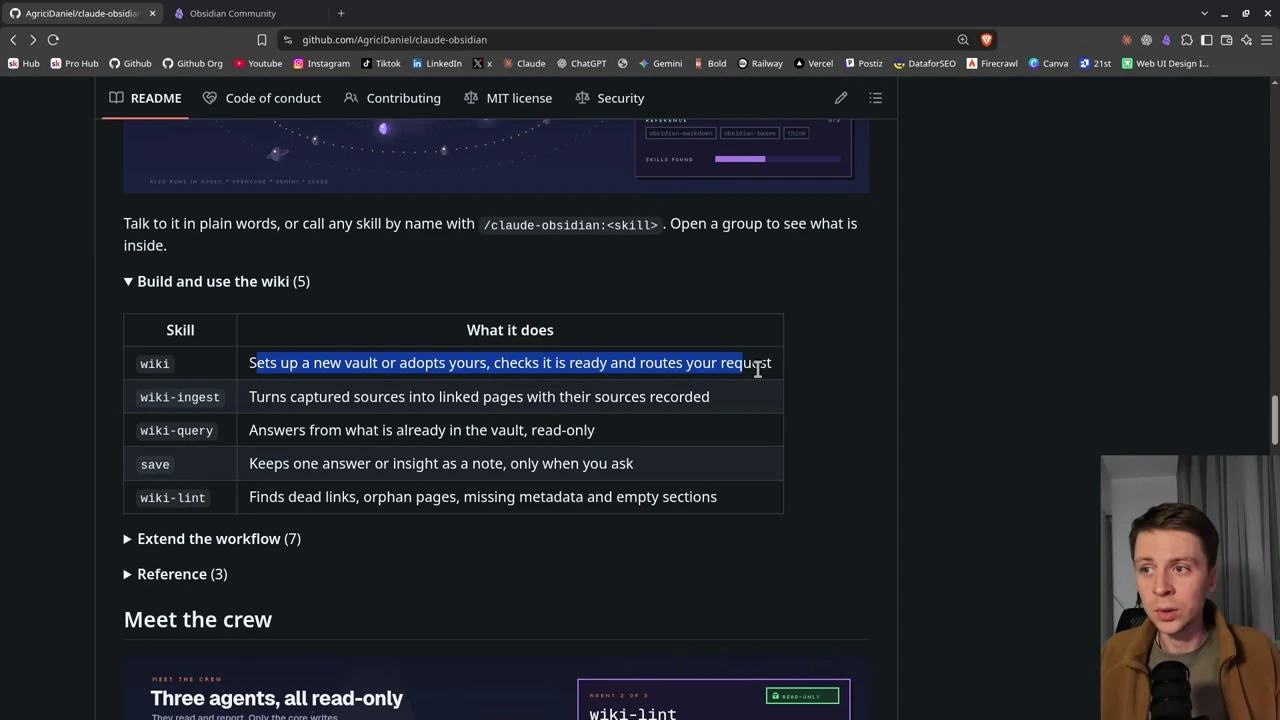 動画キャプチャ: GitHub の claude-obsidian の README。Build and use the wiki の表に wiki・wiki-ingest・wiki-query・save・wiki-lint の5つのスキルが並ぶ（4:15頃）
