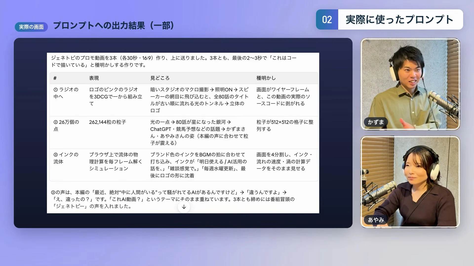 動画キャプチャ: Claudeがプロンプトに返した出力結果の画面。ラジオ・26万個の点・インクの流体の3案の表（4:34頃）
