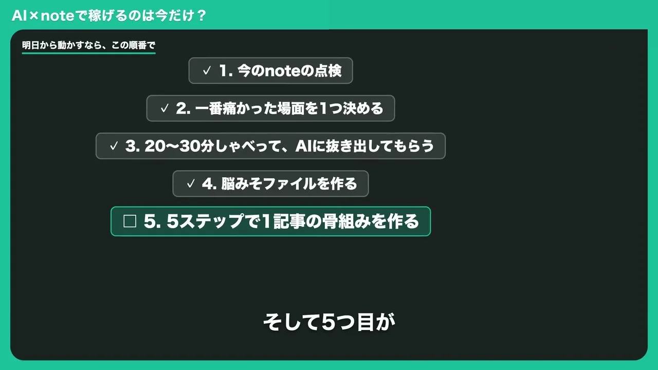 ひらかわさんの動画で、明日から動かすならこの順番で、と5つの手順を示すスライドの画面