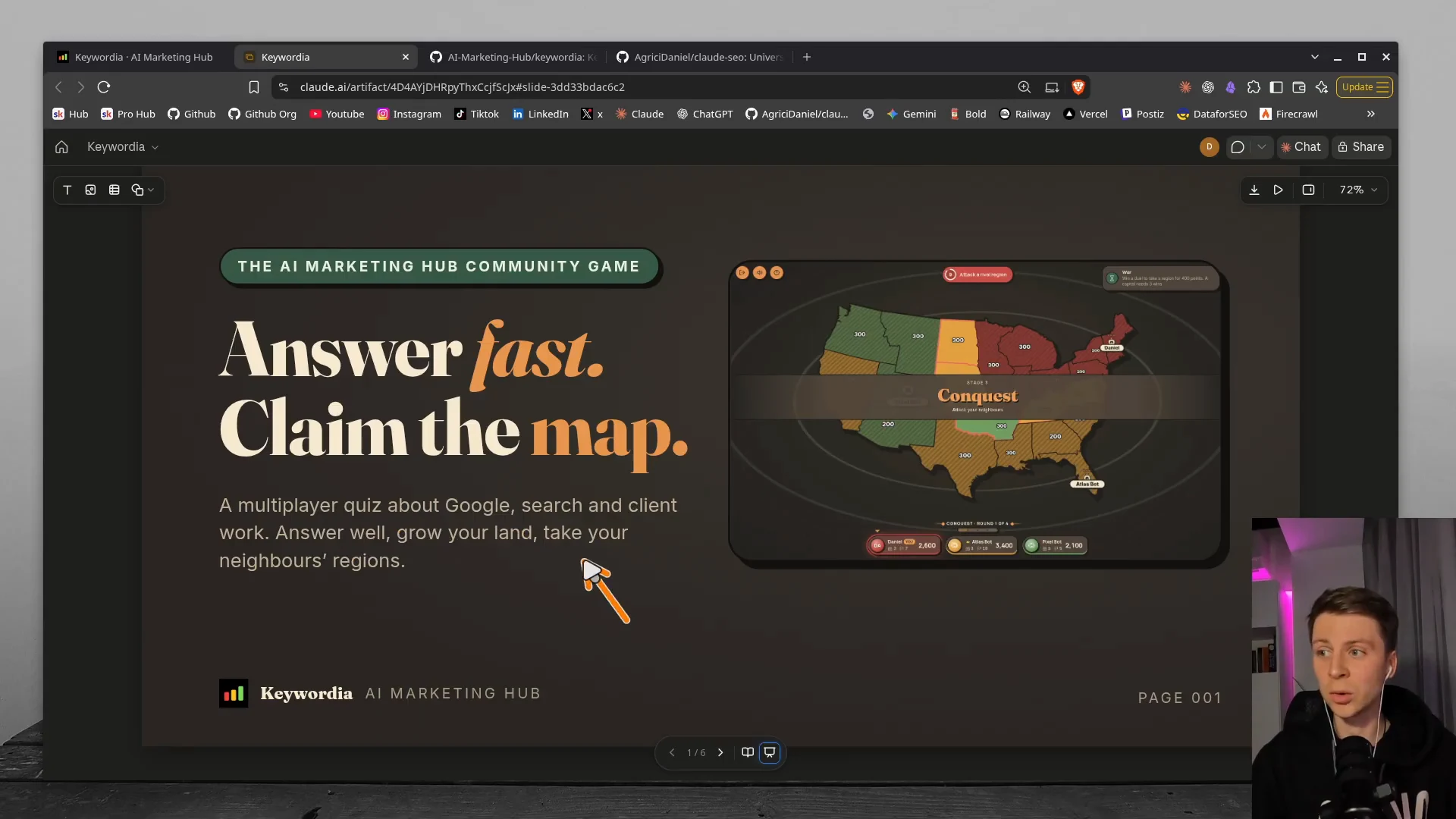 Keywordia の紹介スライド。答えて領地を取る、というゲームの見出しと、アメリカの地図の対戦画面が並ぶ
