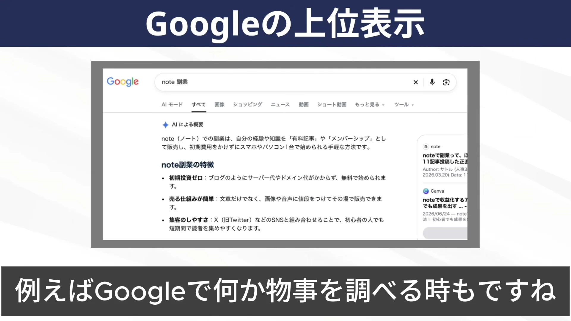 動画の画面。Googleの検索窓にnote 副業と入れ、AIによる概要に、noteでの副業の特徴が出ている