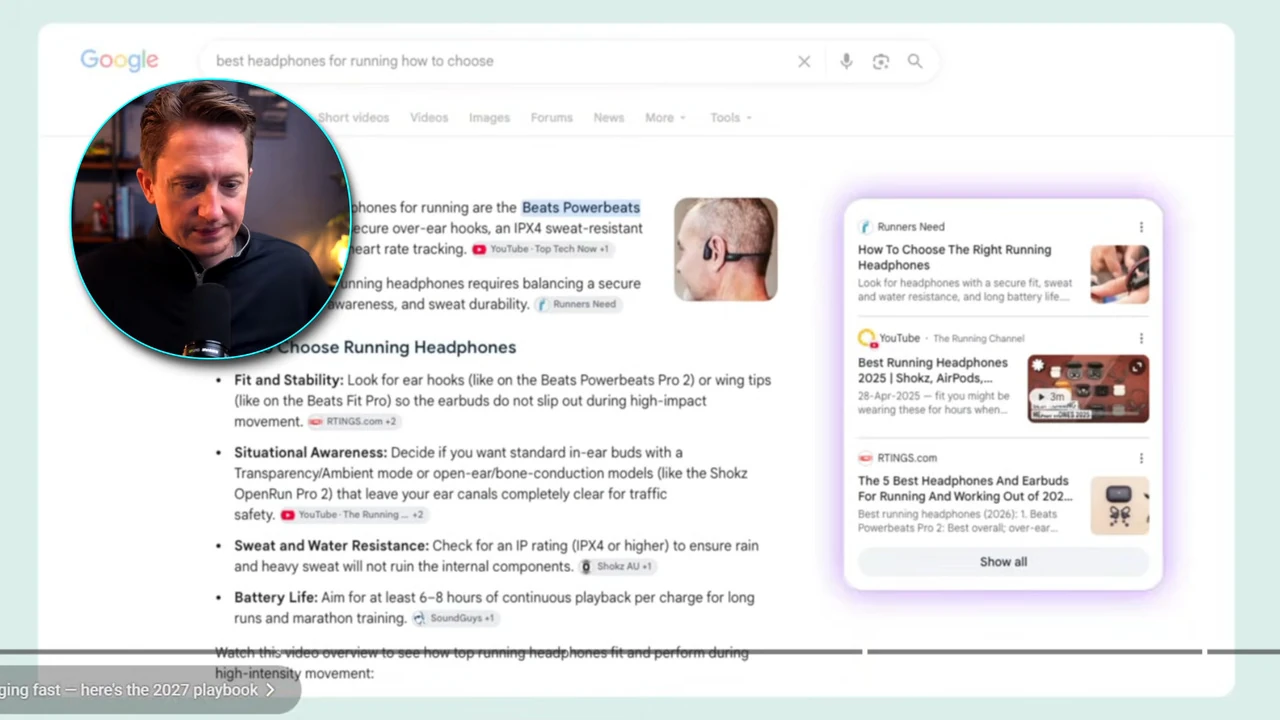 Googleの検索結果。AIの要約と、引用元のカードが右側に並ぶ画面。左上にCalebさんの丸いワイプ