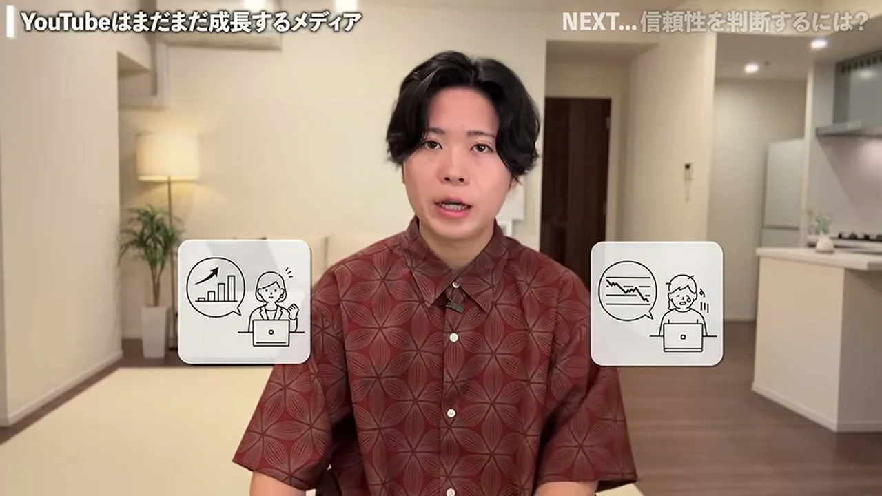 かのさんが動画の中で話している場面。画面の左上に、YouTubeはまだまだ成長するメディア、の見出しが出て、左に伸びる棒グラフと笑顔の人、右に下がる折れ線と困った顔の人のアイコンが並ぶ