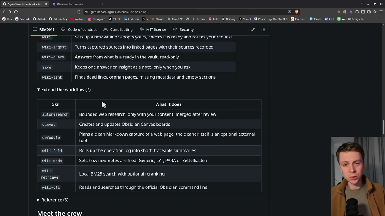 動画キャプチャ: README の Extend the workflow の表。autoresearch・canvas・defuddle・wiki-fold・wiki-mode・wiki-retrieve・wiki-cli が並び、上に save の行が見える（5:00頃）