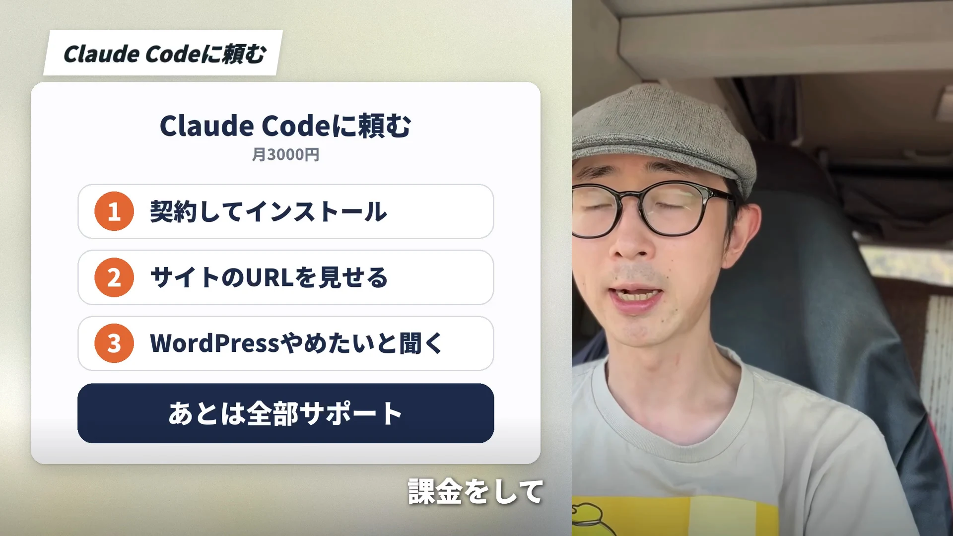 スライド「Claude Codeに頼む」が映る動画の場面。契約してインストール、サイトのURLを見せる、WordPressをやめたいと聞く、の三段が縦に並び、あとは全部サポートと書かれている