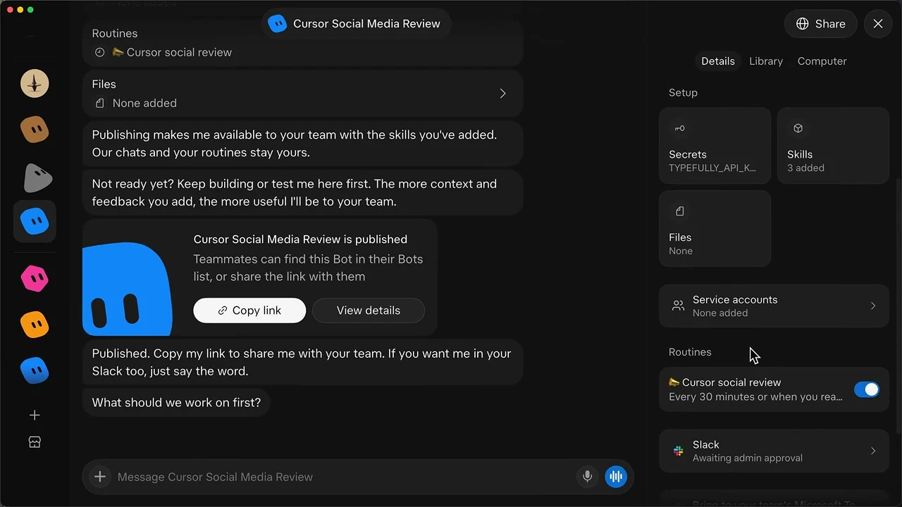 動画キャプチャ: Cursor Social Media Review の設定画面。Secrets・Skills・Routines・Slack の欄が並ぶ（5:28頃）