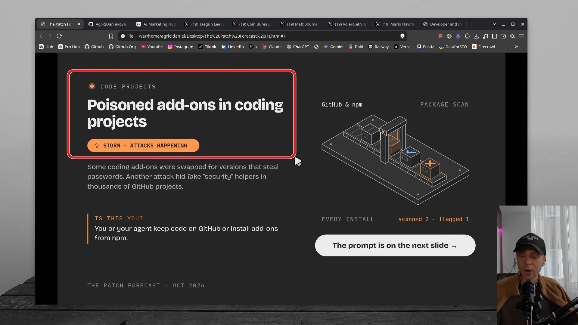 動画の画面。Poisoned add-ons in coding projects の見出しの下に、コードのプロジェクトで入れた拡張が差し替えられた、という説明と部品の検査ラインの図が赤枠で示されたスライド。画面の右下に話し手のDanielさんが映っている