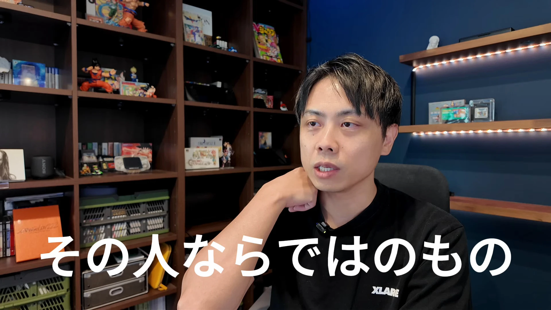 動画の画面全体。入江さんが話していて、画面の下に白い大きな字幕「その人ならではのもの」