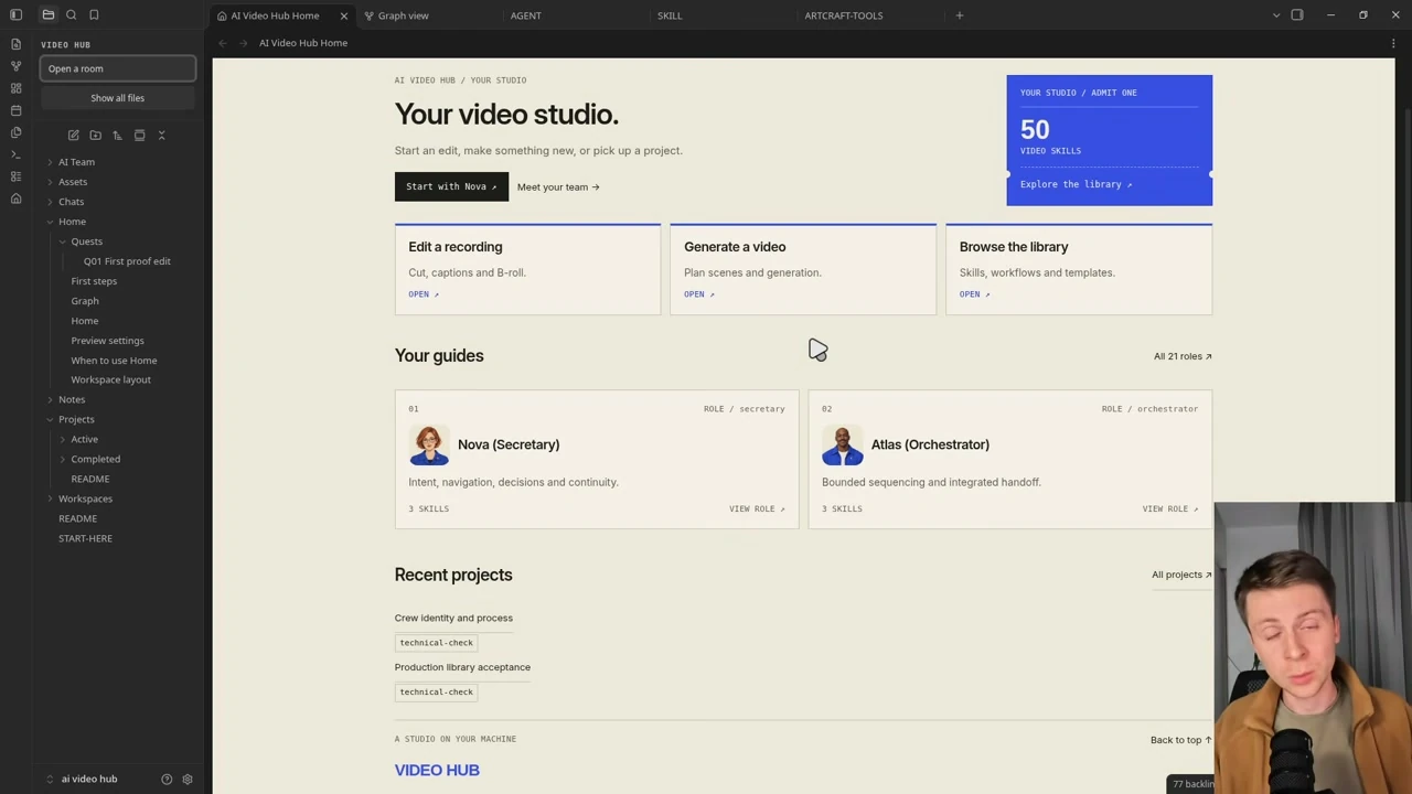 動画キャプチャ: 動画制作の vault の AI Video Hub のホーム画面。Your video studio の見出しと、Nova と Atlas の役割のカードが並ぶ（6:35頃）
