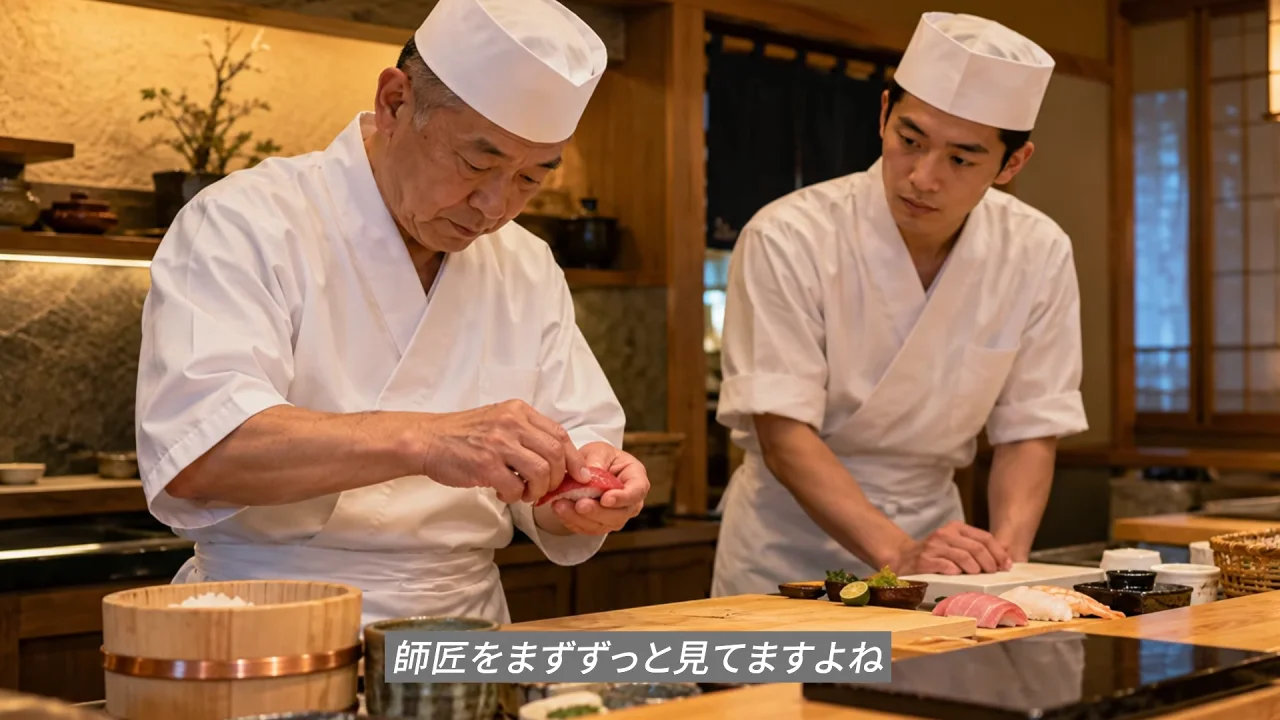 動画の画面。寿司店の調理場のような場所で、年配の料理人が手でにぎり、隣で若い料理人がそれを見ている。下のテロップに、師匠をまずずっと見てますよね、と出ている。