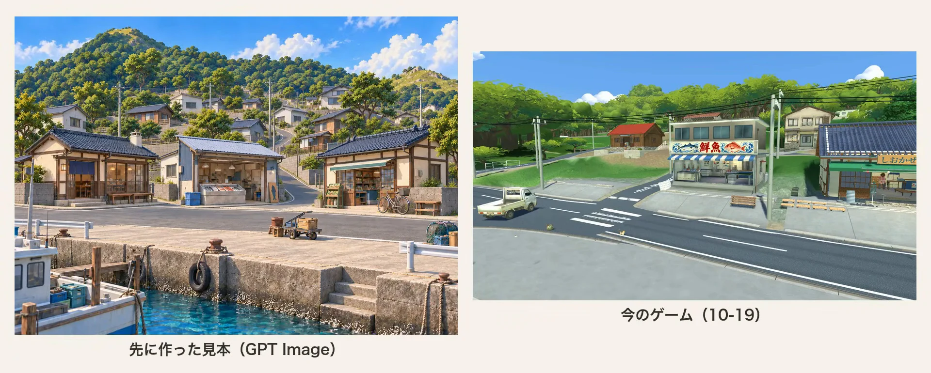 動画のスライド。左に先に作った見本の画像(GPT Image)で、港の家並みと漁船。右に今のゲーム画面で、同じ港の通りに軽トラックと鮮魚店が建つ