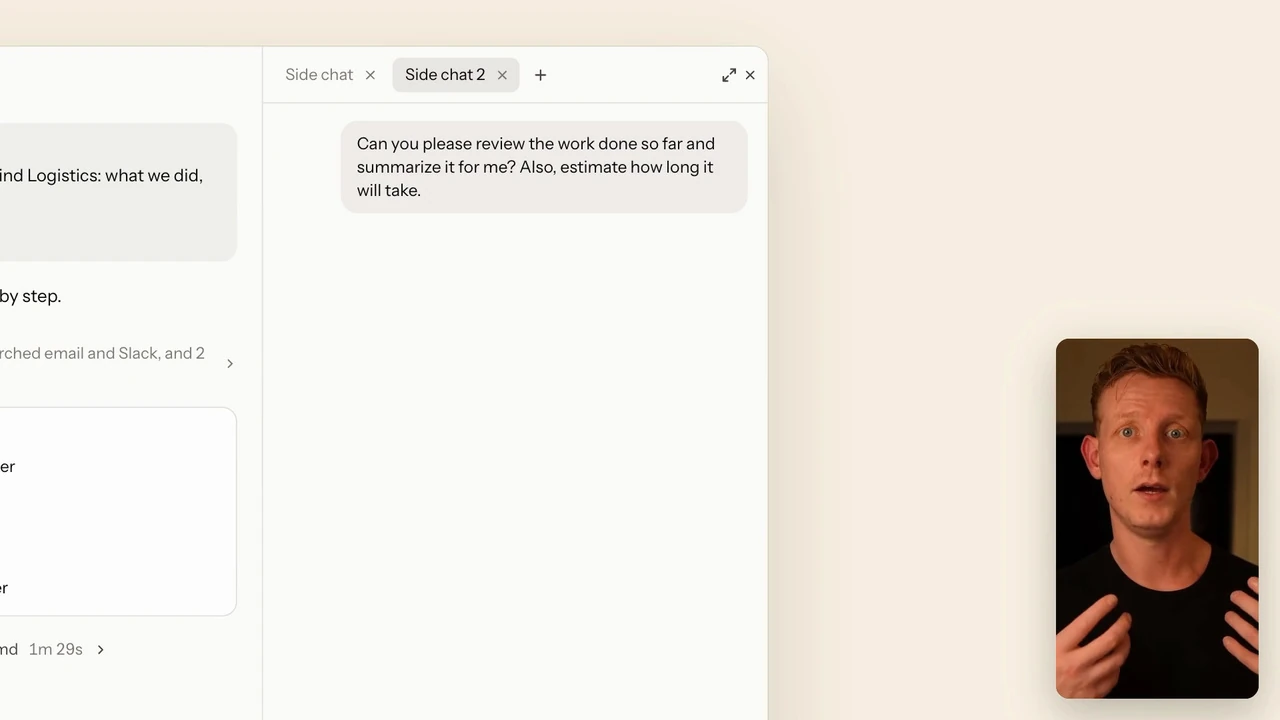 Claude Codeのチャット画面に、Side chat 2 のタブが開き、ここまでの作業を見直す依頼が入っている画面