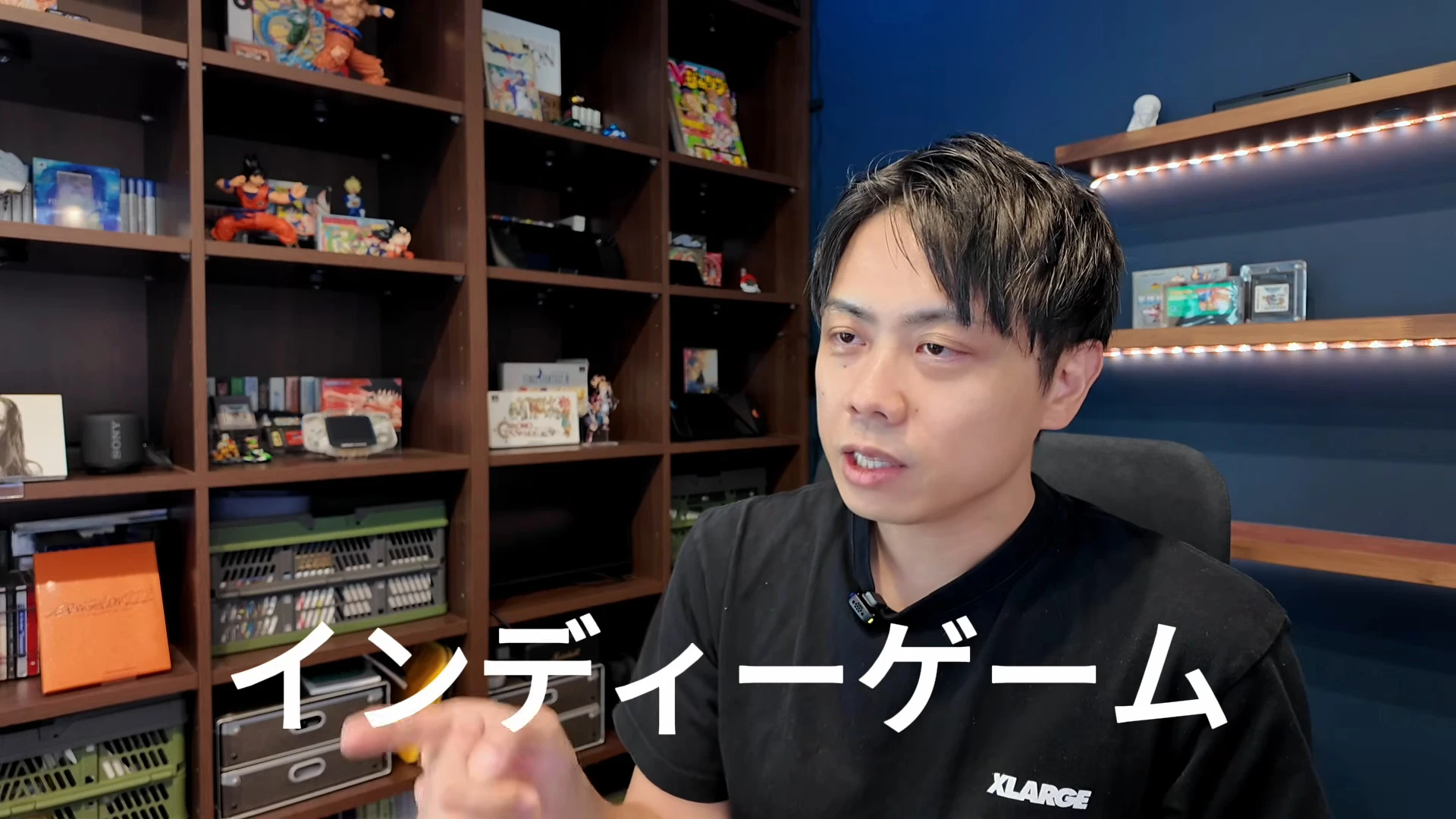 動画の画面全体。入江さんが話していて、画面の下に白い大きな字幕「インディーゲーム」
