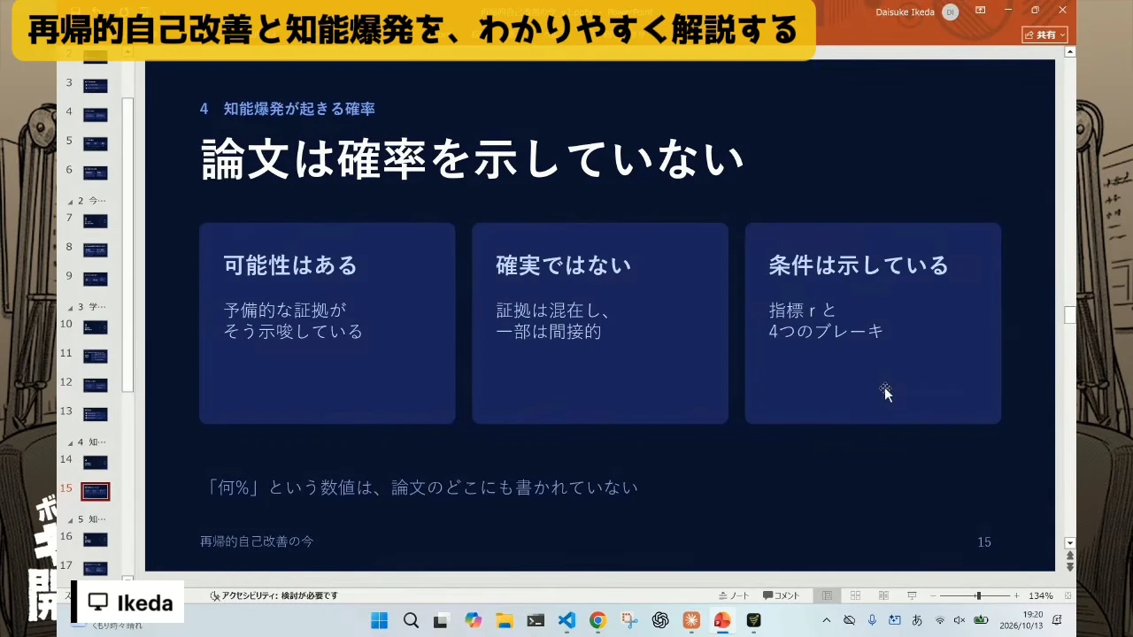 動画の画面。スライドの論文は確率を示していない。可能性はある、確実ではない、条件は示している、の三枚の札があり、下に、何%という数値は論文のどこにも書かれていない、の文