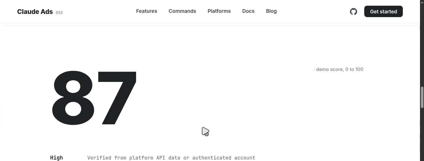 動画の画面。Claude Ads のサイトに、デモの点数87と、信頼度の説明の表が表示されている。