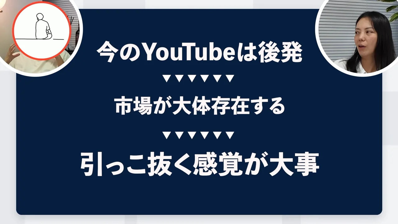 動画の画面。今のYouTubeは後発、市場が大体存在する、引っこ抜く感覚が大事、と並ぶ紺色のスライド