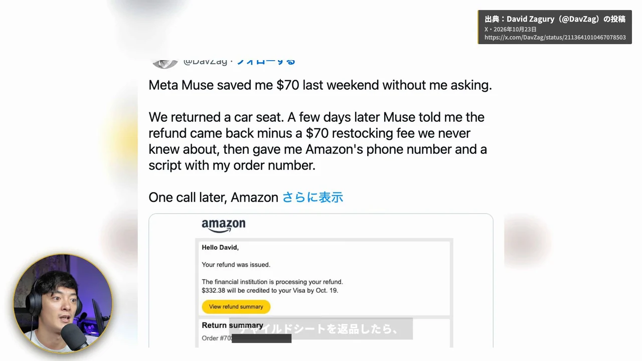 返品の手数料をMuseが見つけた投稿とAmazonの返金の画面
