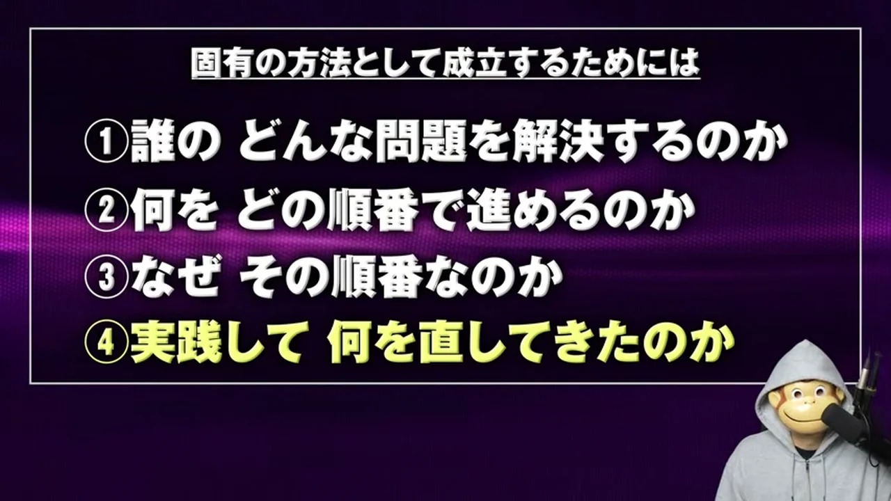 動画キャプチャ: 固有の方法として成立するためには、の4つの問い(誰のどんな問題、順番、なぜその順番、実践して何を直してきたのか)が並ぶテロップの場面(16:53頃)