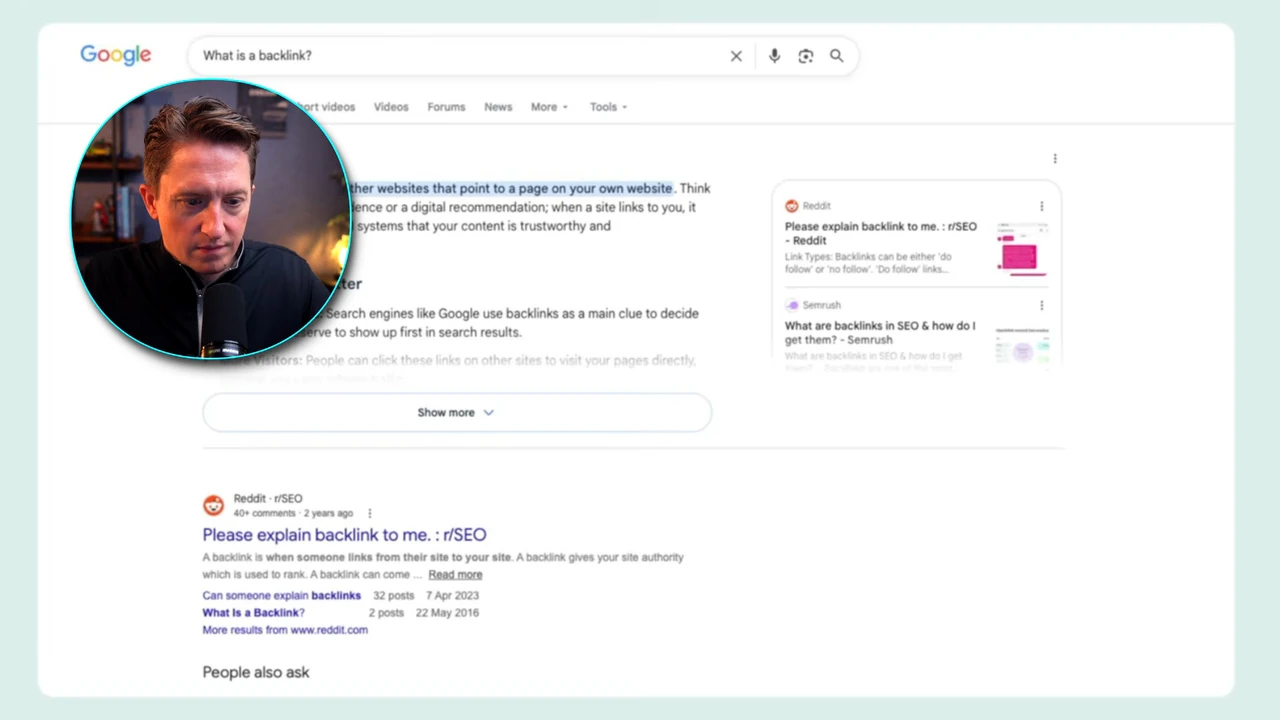 Googleで What is a backlink? を検索した画面。AIの要約の引用元にRedditとSemrushが並ぶ