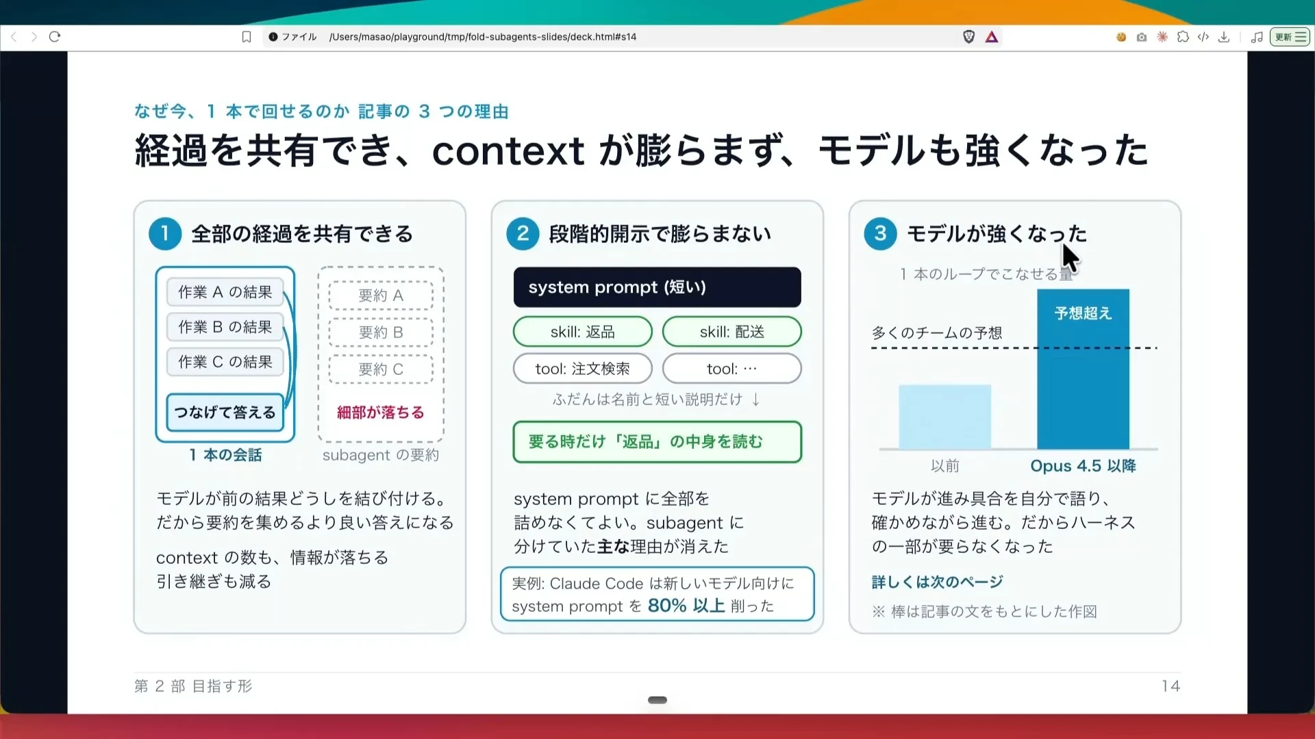 動画の画面。経過を共有でき、文脈が膨らまず、モデルも強くなった、と示すスライド