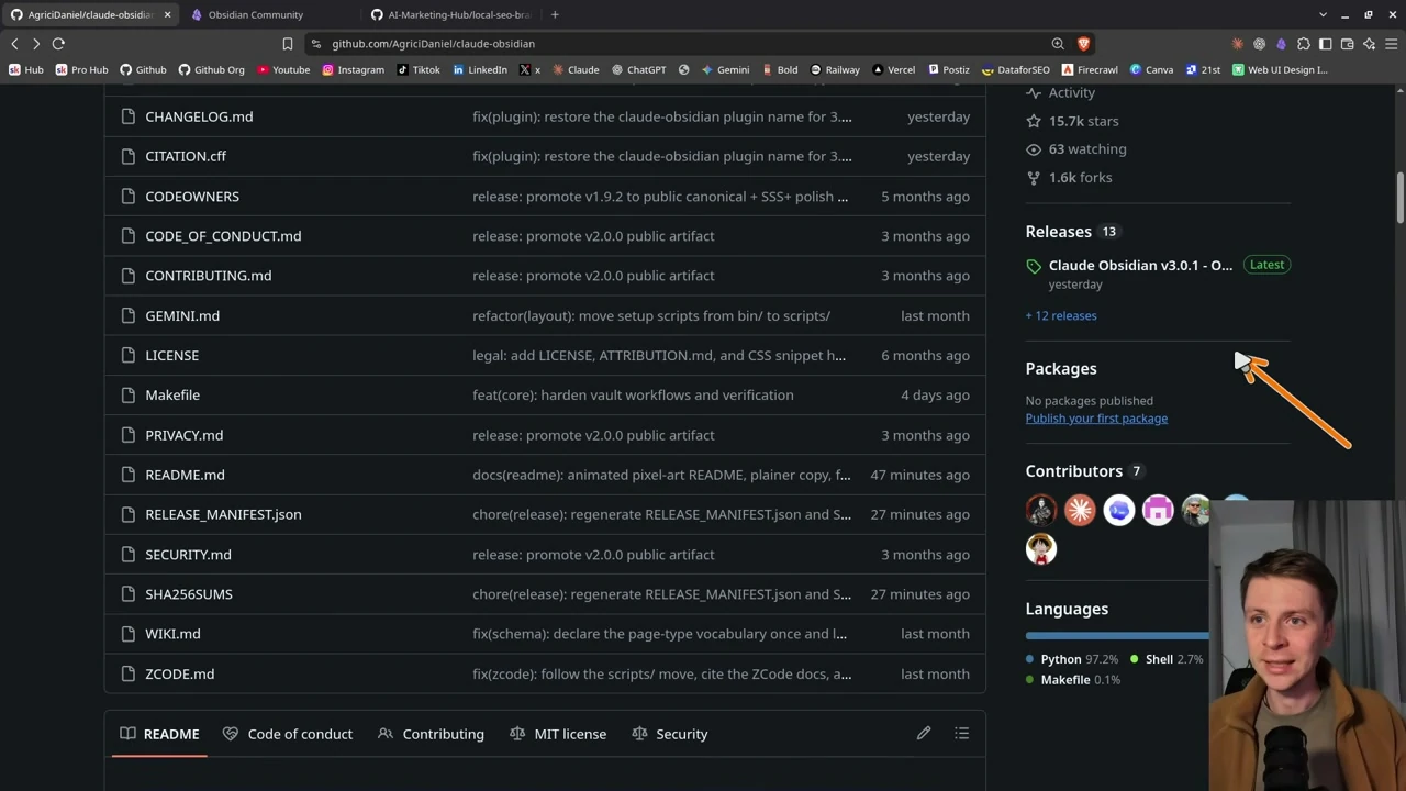 動画キャプチャ: claude-obsidian の GitHub ページ。右側に Releases の Claude Obsidian v3.0.1 の Latest 表示と、スター数・フォーク数が並ぶ（9:08頃）