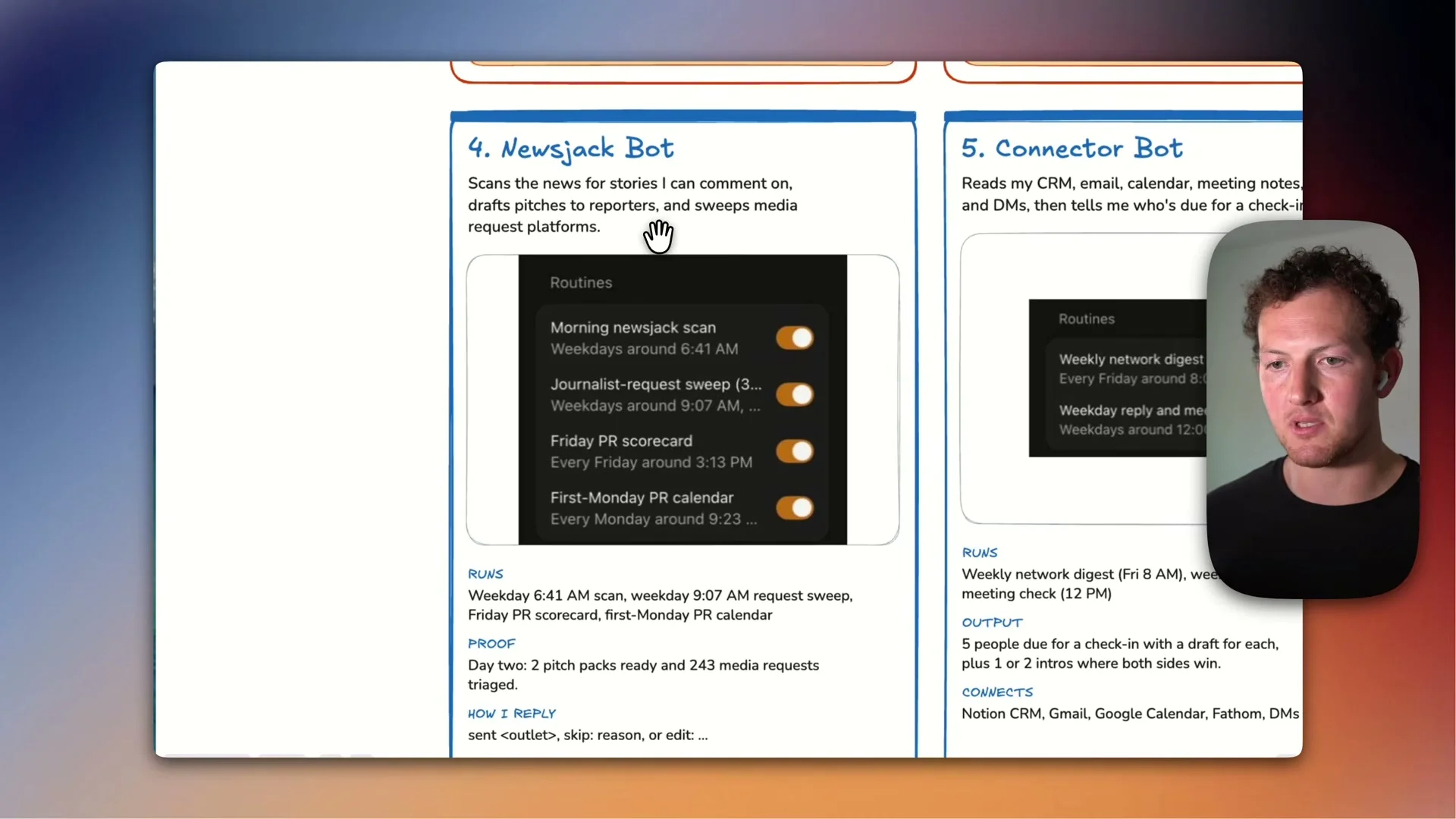 動画キャプチャ: 4. Newsjack Bot の画面。朝のニュース走査など四つの定期の仕事が並び、横に 5. Connector Bot の説明が見える（9:35頃）