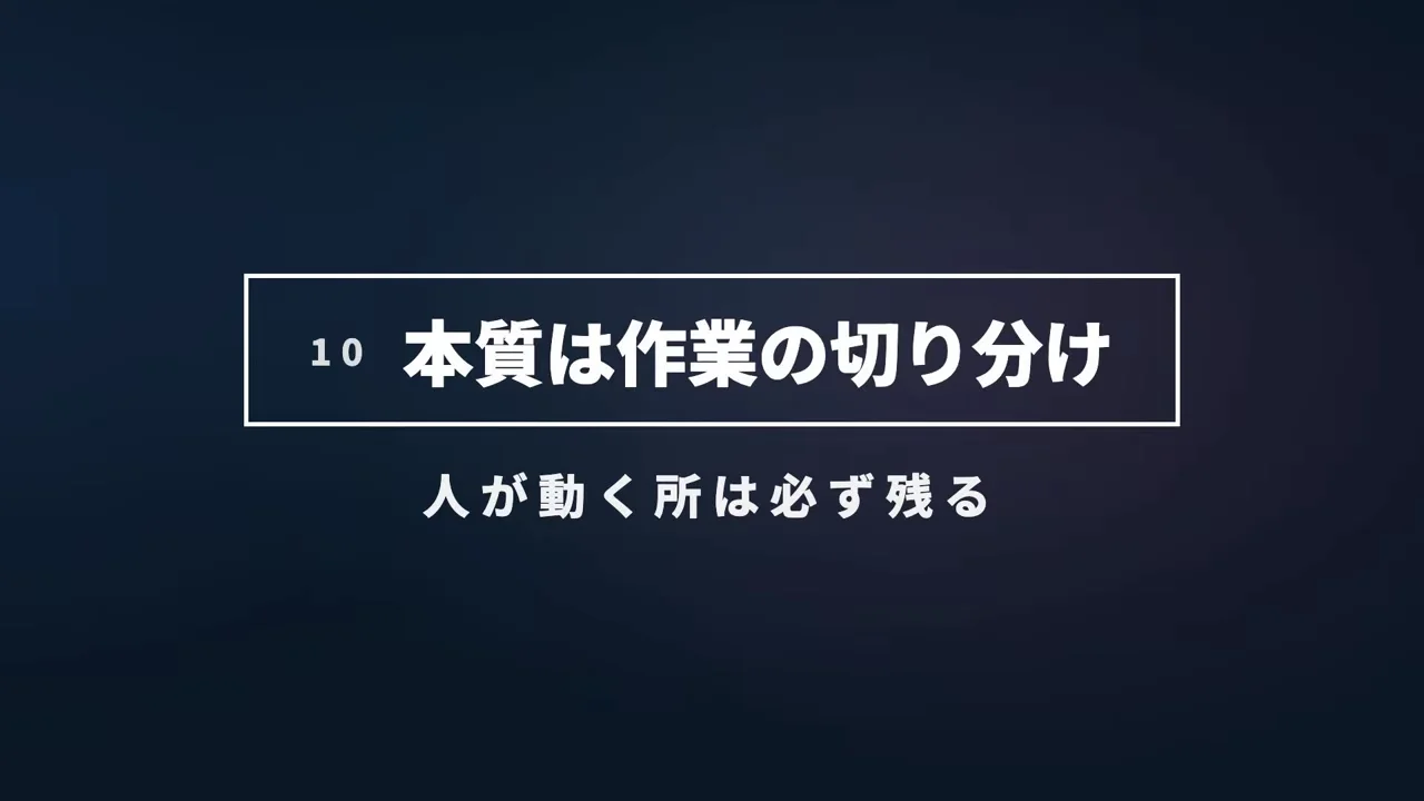 動画の画面。紺色の背景のスライドに、本質は作業の切り分け、人が動く所は必ず残る、と書かれた場面