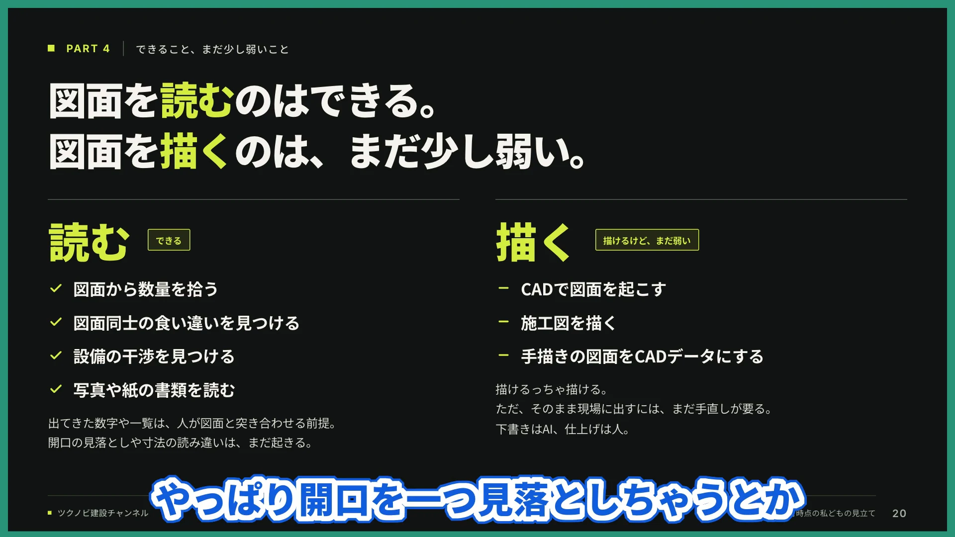 図面を読むのはできる、図面を描くのは、まだ少し弱い、と書かれたスライドに、読むと描くの2つの欄が並ぶ動画の場面
