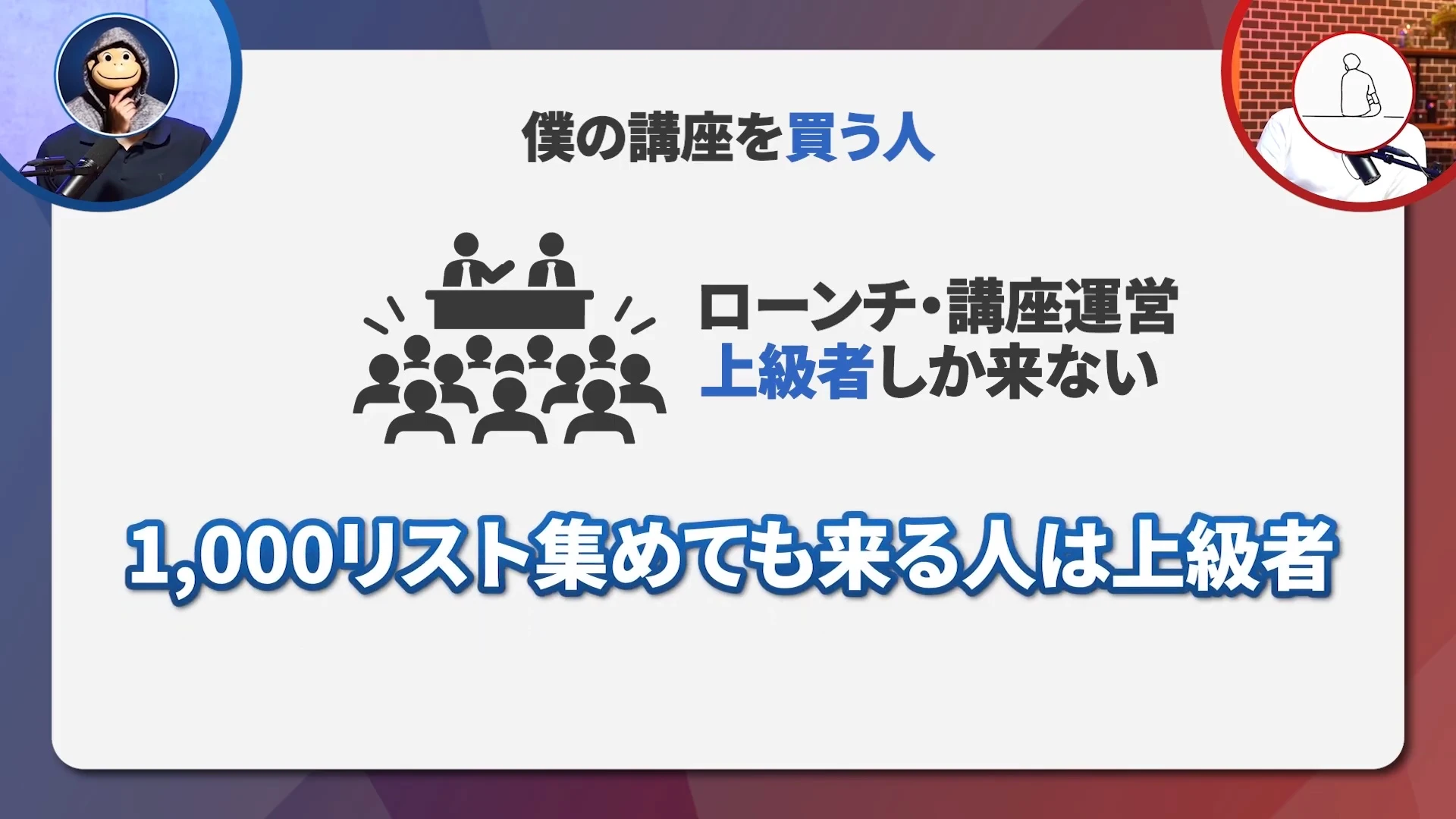 動画のスライド。「ぼくの講座を買う人」の見出しの下に、ローンチ・講座運営は上級者しか来ないと並び、大きな字で「1,000リスト集めても来る人は上級者」。左上にサルのお面の人物、右上に線画の人物の丸い枠