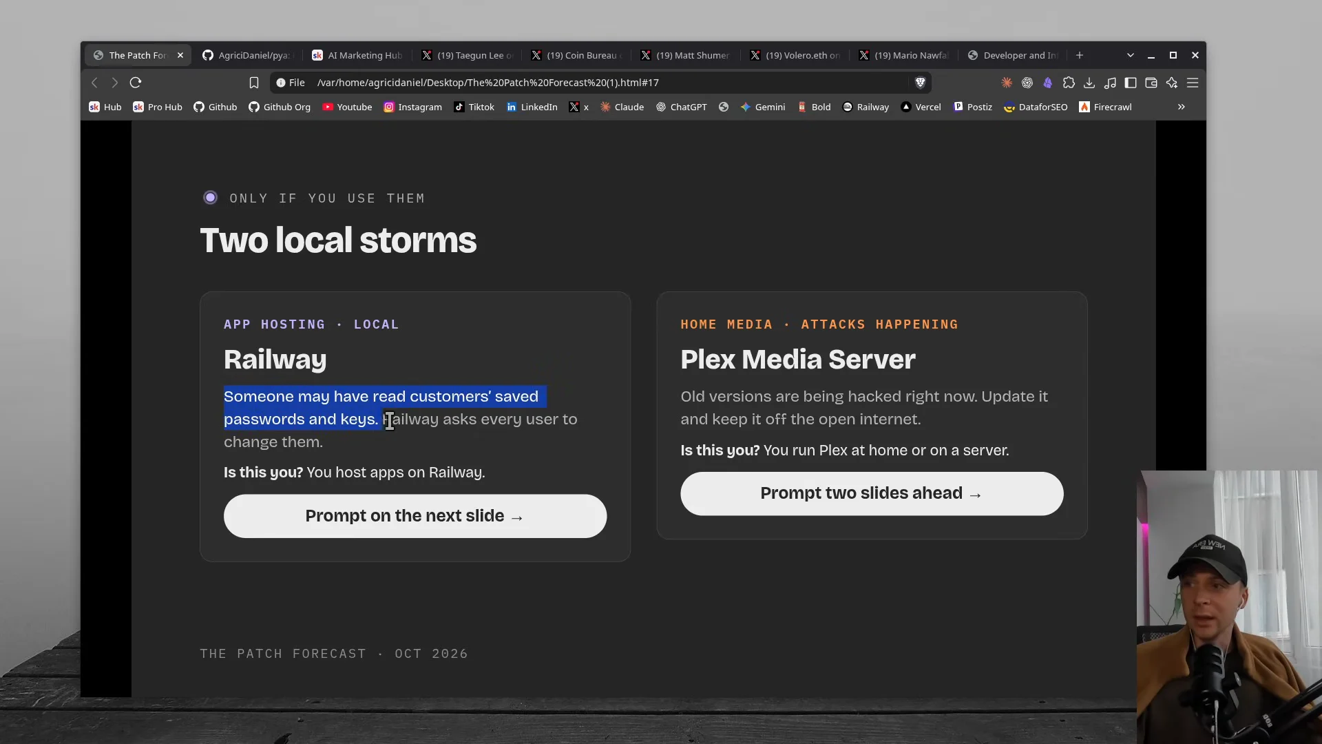 動画の画面。Two local storms の見出しの下に、Railway と Plex Media Server の2枚のカードが並ぶスライド。画面の右下に話し手のDanielさんが映っている