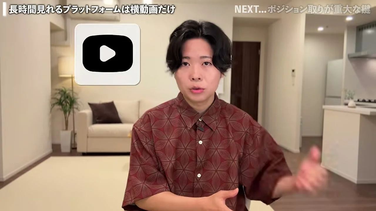 かのさんの左上にYouTubeの再生ボタンのアイコンが出ている場面。見出しは、長時間見れるプラットフォームは横動画だけ