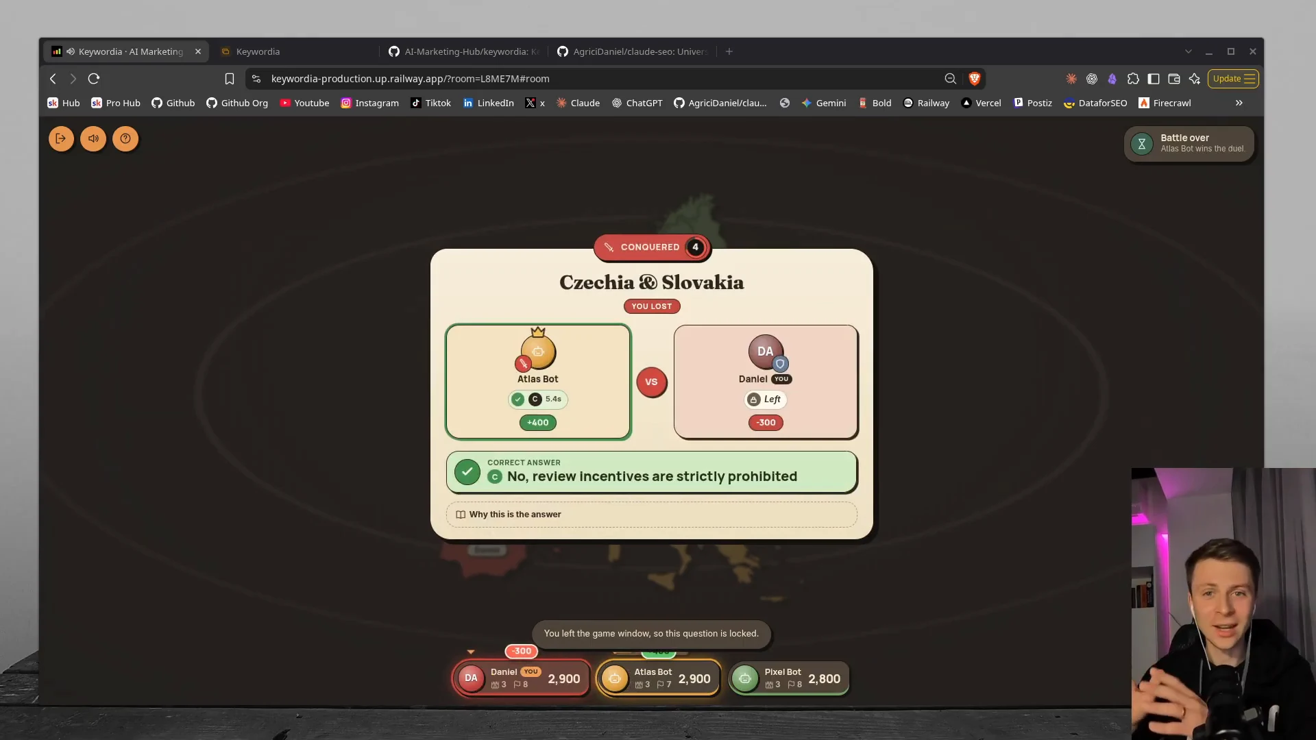 集中ロックの実演。ゲームの画面を離れたため、この問いはロックされたという表示が出ている