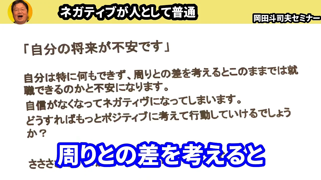動画キャプチャ: 白い紙に、自分の将来が不安です、という相談の文が大きく映る場面。画面上部の題字は、ネガティブが人として普通(10:51頃)